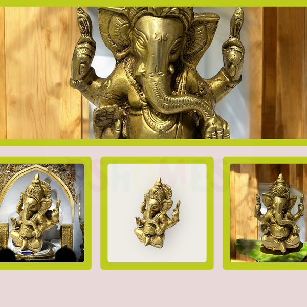 Brass Ganesh Idol | Antique Ganesh Murti | Gold | 6 Inches