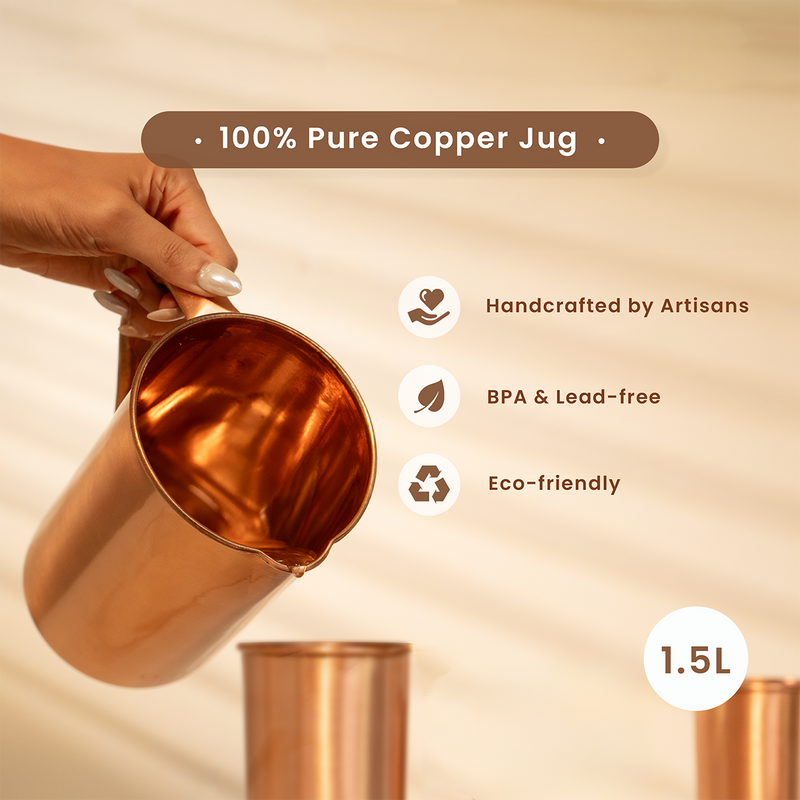 Pure Copper Jug with Lid | 1.5 L | Plain | Boosts Immunity.