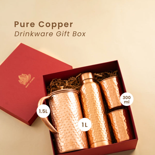 Pure Copper Bottle With Jug & 2 Glasses | Gift Box | Hammered