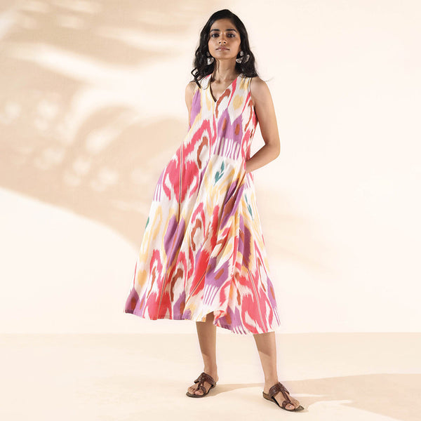 Cotton Pink Dress for Women | Ikat Print | Sleeveless