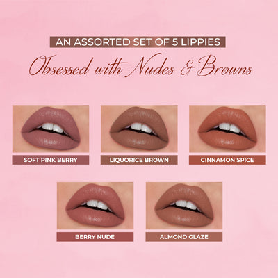 Ayurvedic Liquid Lipstick Kit | Paraben & Silicon Free | Nudes & Browns | Set of 5