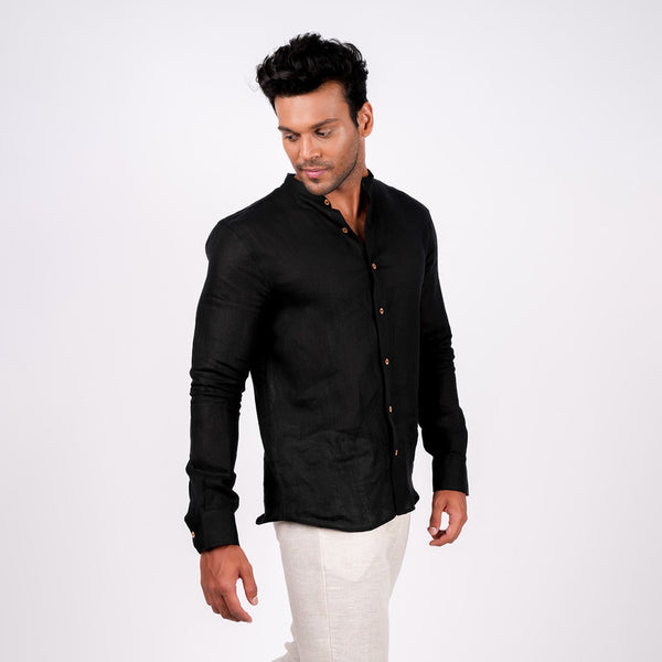 Black Linen Shirt for Men | Full Sleeves | Mandarin Collar