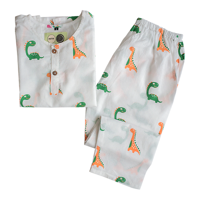 Cotton Night Suit for Kids | Dino Friends Print | White.