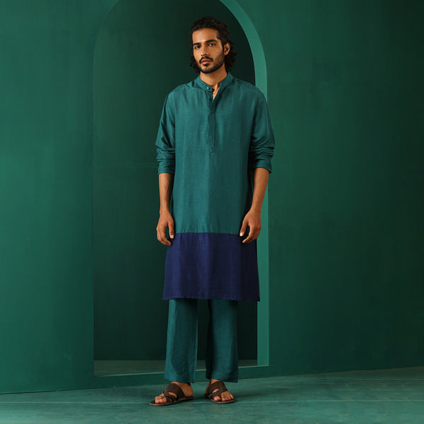 Silk Blend Long Kurta for Men | Color-Block | Blue