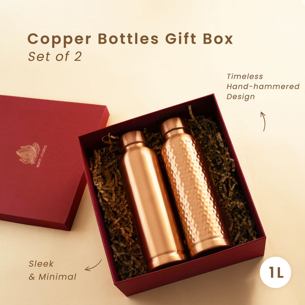 Copper Bottles with Gift Box | Set of 2 | 1 L | Plain & Hammered