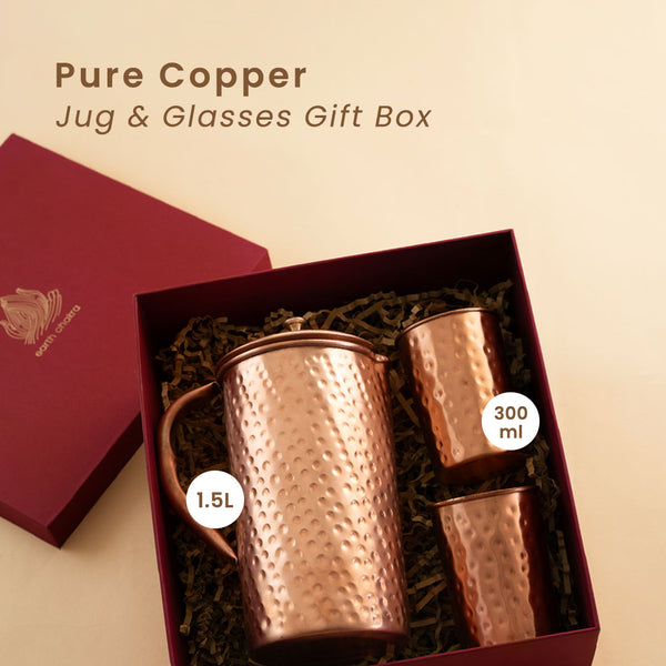 Pure Copper Jug & Glasses with Gift Box | Hammered | Gift Pack