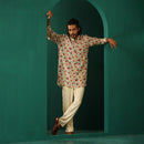 Muslin Silk Printed Kurta Set for Men | Floral | Off-White