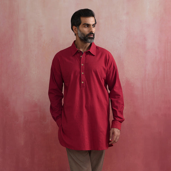 Cotton Short Kurta for Men | Maroon | Shirt Collar