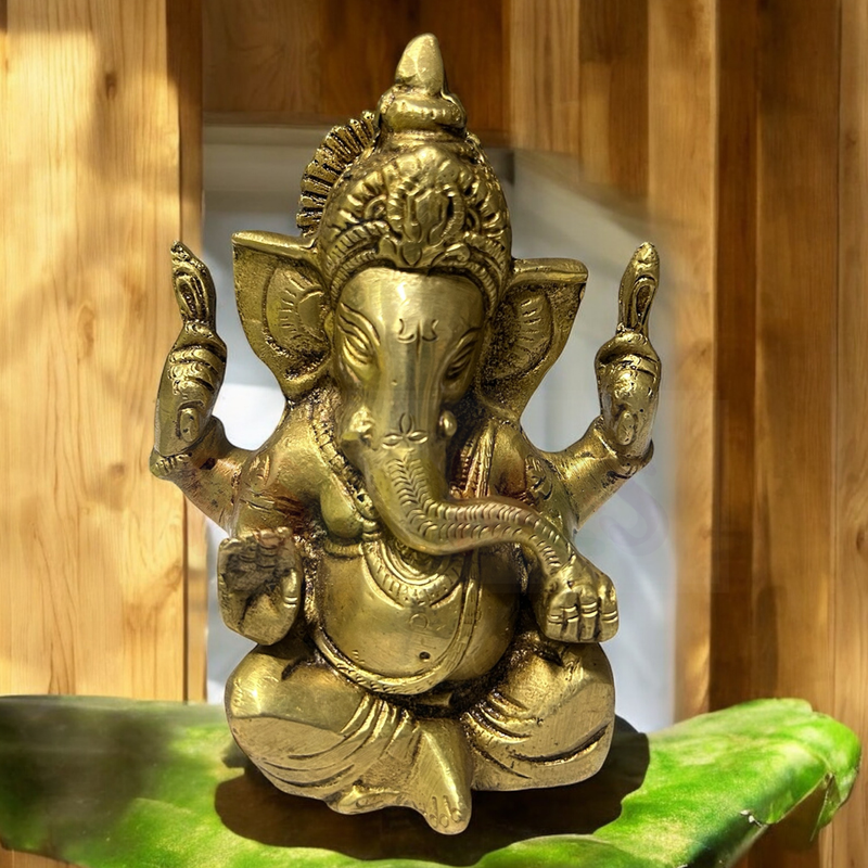 Brass Ganesh Idol | Antique Ganesh Murti | Gold | 6 Inches