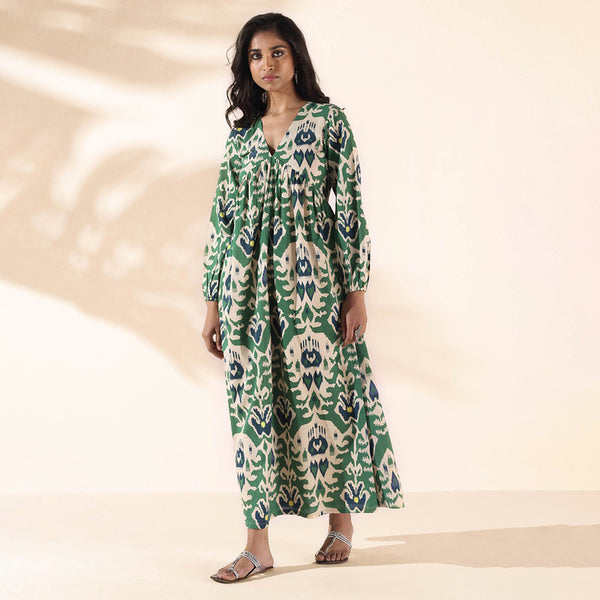 Cotton Maxi Dress for Women | Green | Flared Fit
