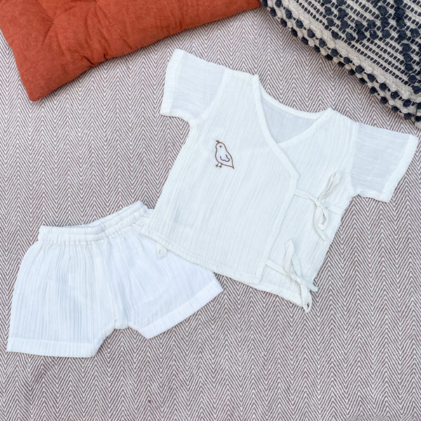 Muslin Jabla and Shorts Set for Kids | Bird Pattern | White