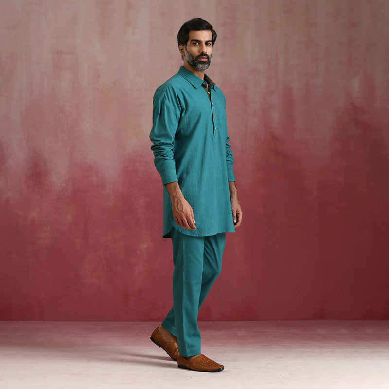 Cotton Kurta Set for Men | Teal Green | Shirt Collar