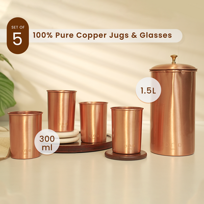 Pure Copper Jug & Set of 4 Glasses | Plain