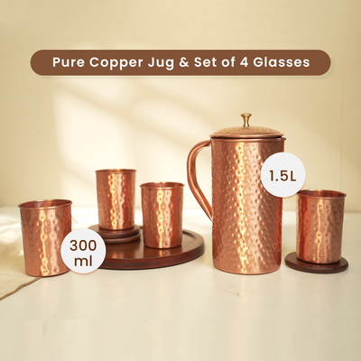 Pure Copper Jug & 4 Glasses Set | Hammered