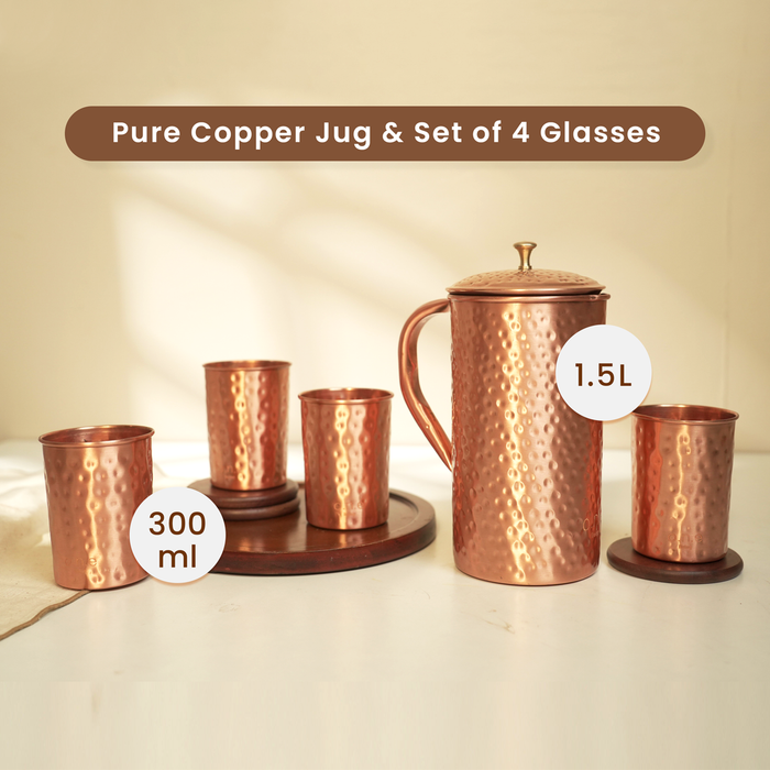 Pure Copper Jug & 4 Glasses Set | Hammered.