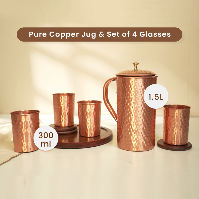 Pure Copper Jug & 4 Glasses Set | Hammered