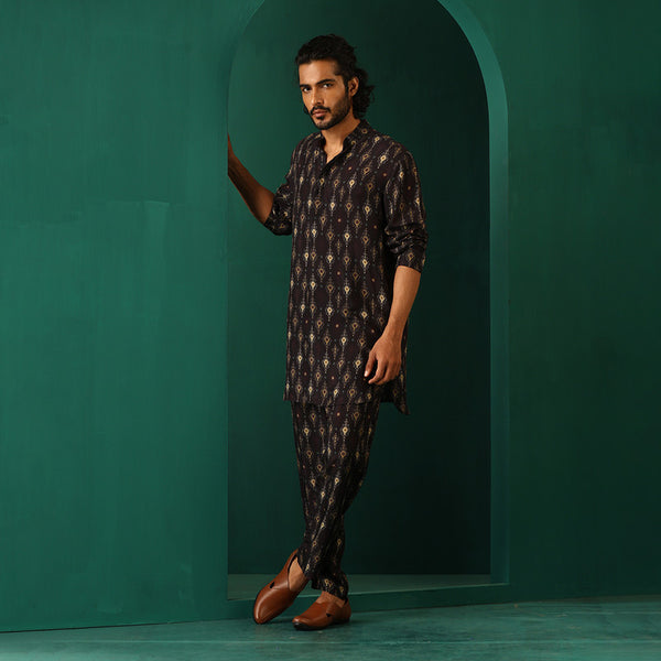 Muslin Silk Ikat Kurta Set for Men | Printed | Black