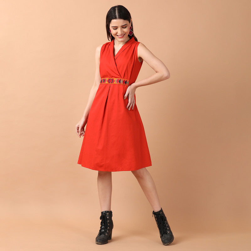 Cotton A-Line Dress for Women | Knee-Length | Orange