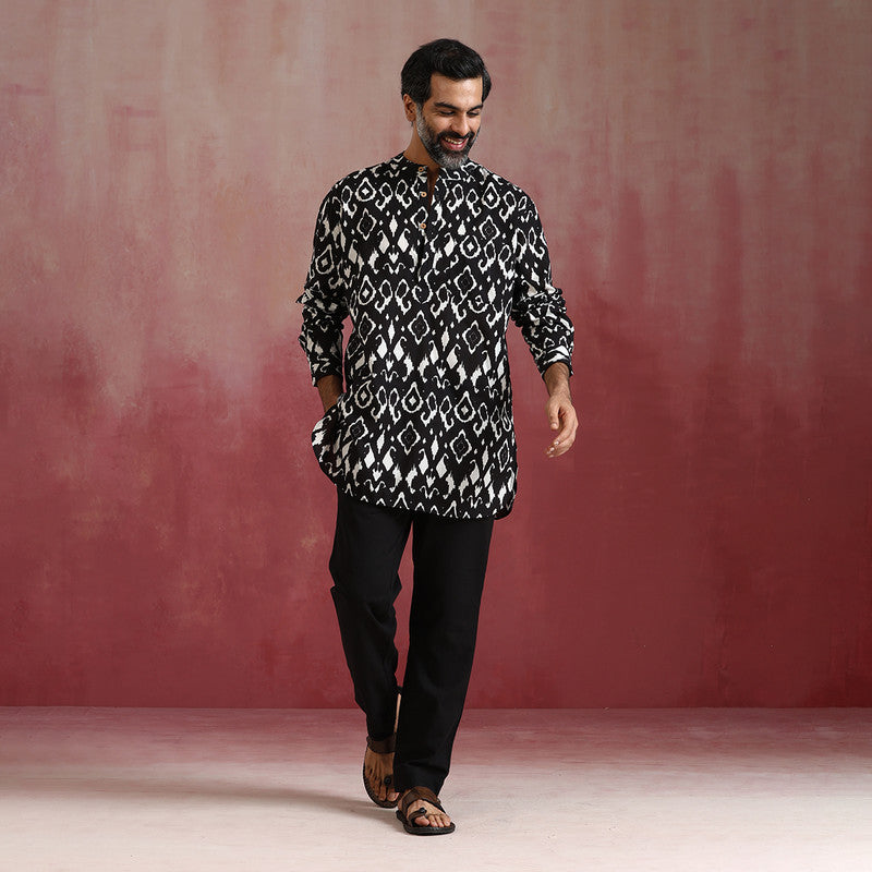 Cotton Cambric Black Ikat Kurta Set | Black & White