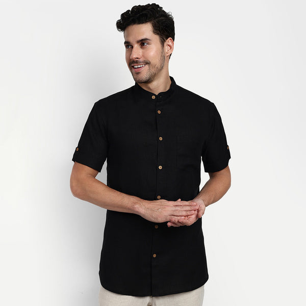 Black Linen Shirt for Men | Mandarin Collar