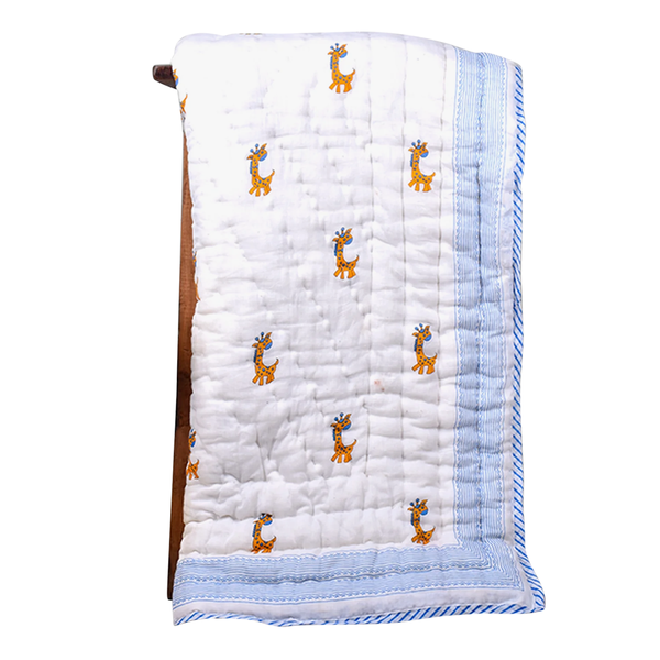 Organic Cotton Baby Quilt | Yellow | Giraffe Print.