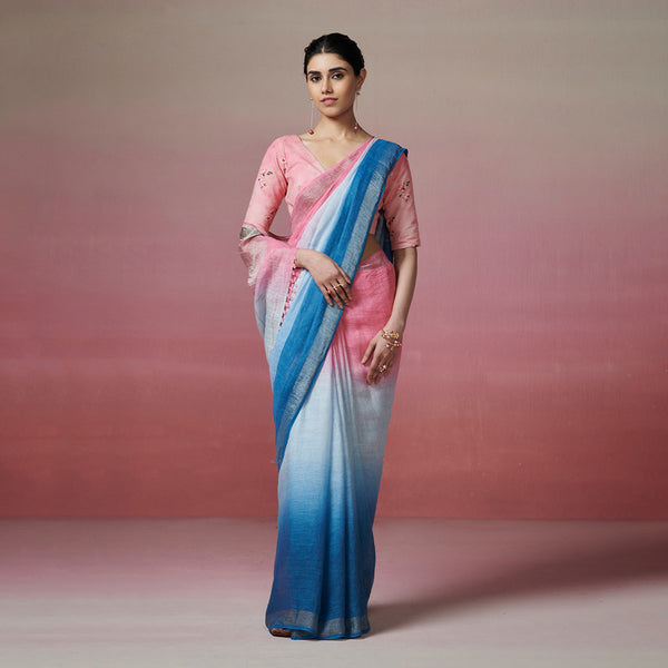 Linen Saree | Blue & Pink