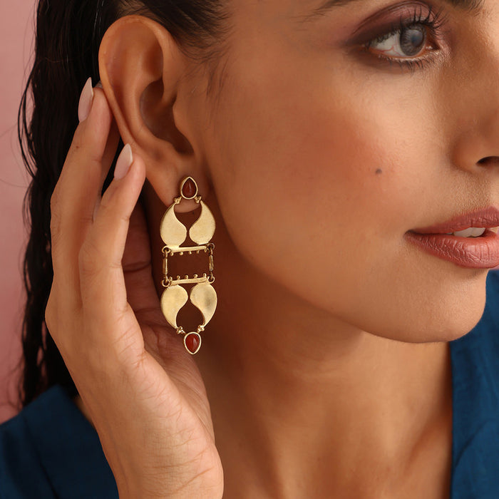 Brass Dangler Earrings for Women | Red Stone