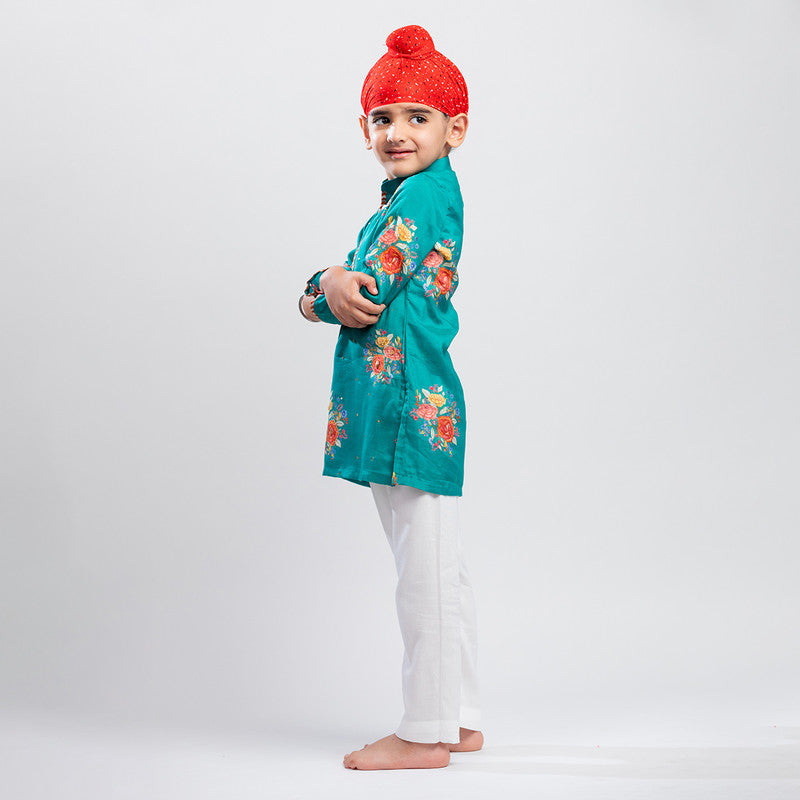 Cotton Kurta Set For Boys | Printed | Green