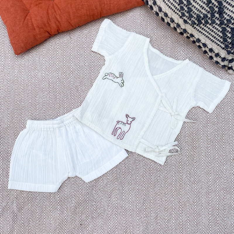 Muslin Jabla and Shorts Set for Kids | Forest Pattern | White