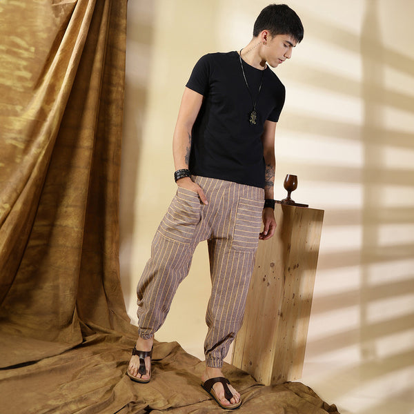 Cotton Jogger Pants for Men | Brown | Front Pocket | Stripes