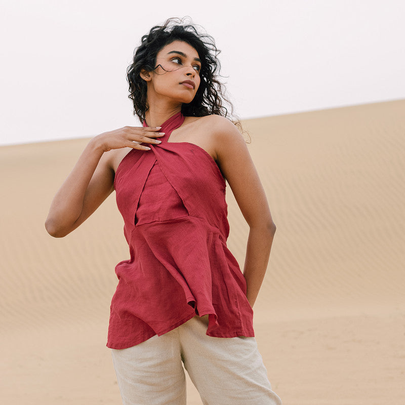 Linen Halter Neck Top | Berry Red