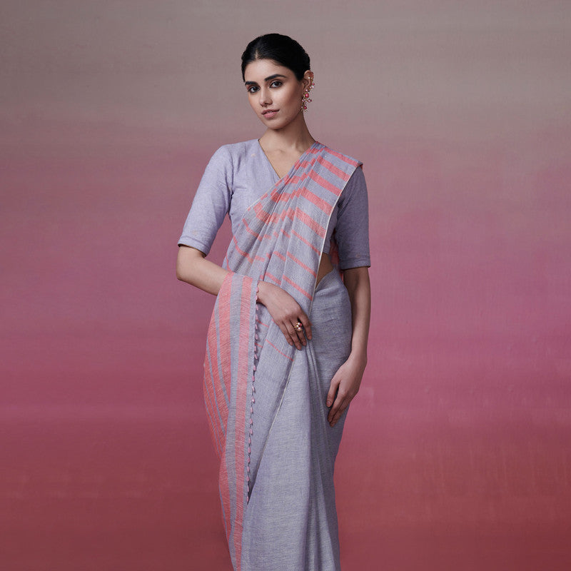 Linen Saree | Blue & Pink | Striped