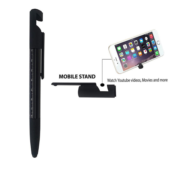 Multipurpose Pen 6 In-1 | Mobile Stand, Mobile Screen Cleaner & Scale | Black