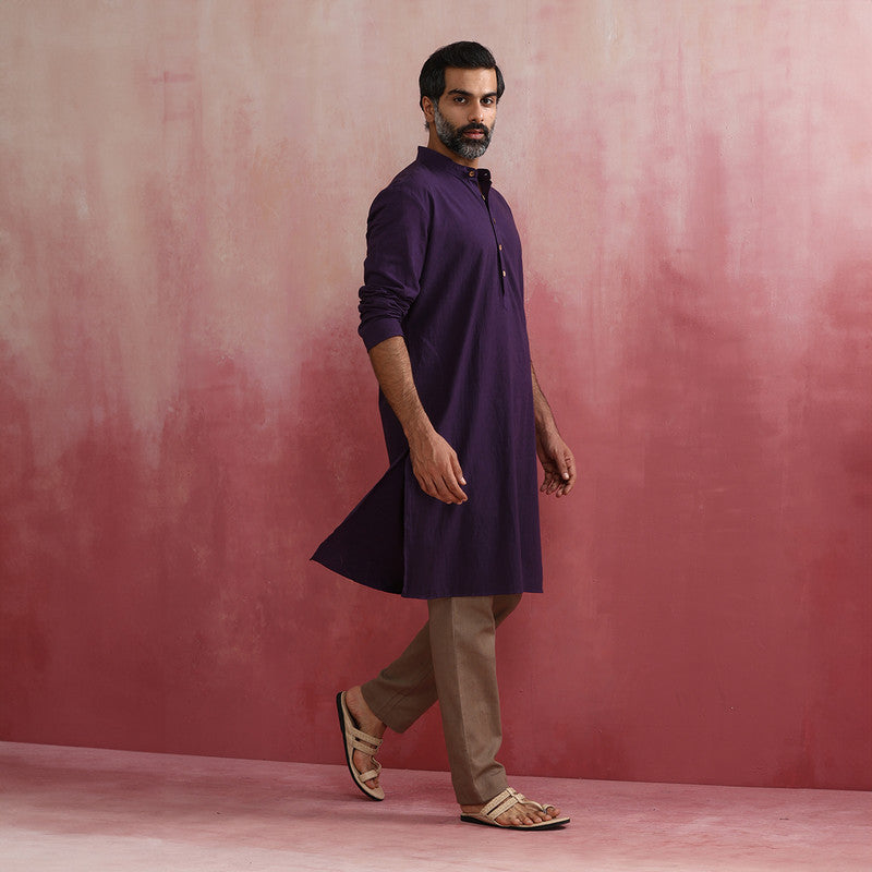 Cotton Long Kurta for Men | Purple | Mandarin Collar