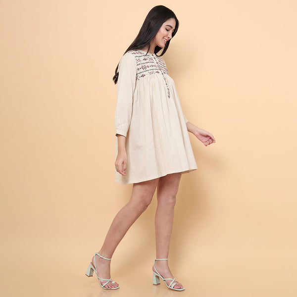 Cotton Short Dress for Women | Embroidered | Beige