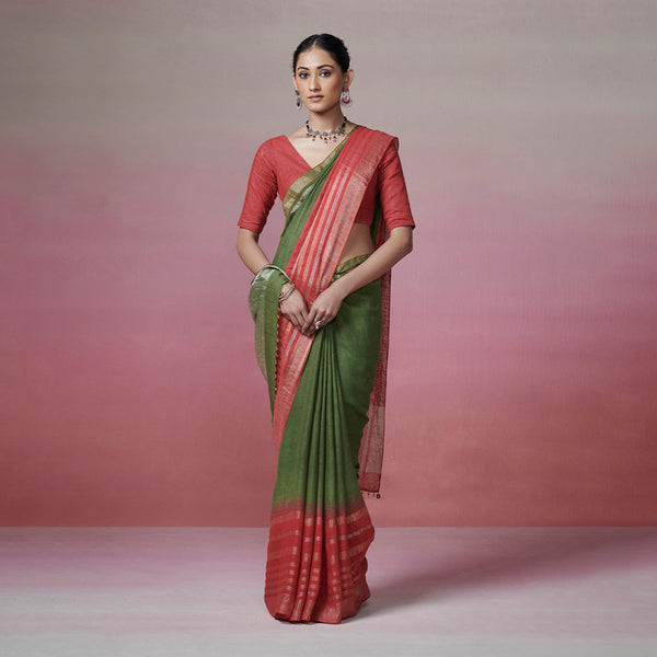Linen Saree | Green & Red