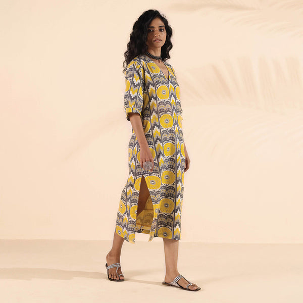 Cotton Printed Dress for Women | Ikat Print | Yellow