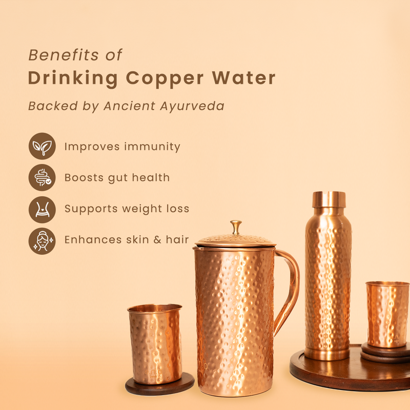 Pure Copper Bottle With Jug & 2 Glasses | Gift Box | Hammered