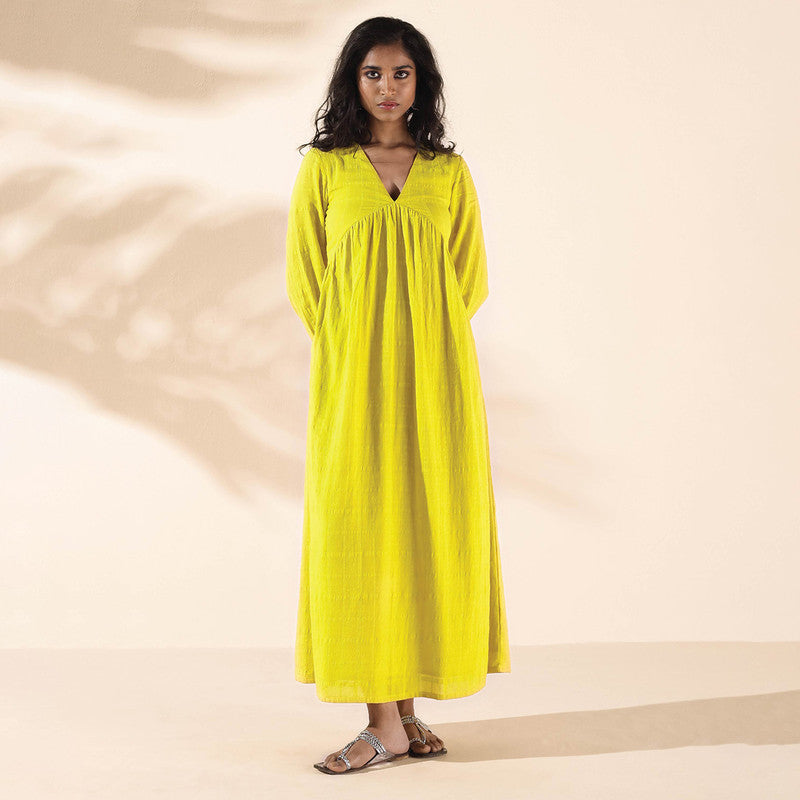 Cotton Dobby Maxi Dress for Women | Flared | Lime