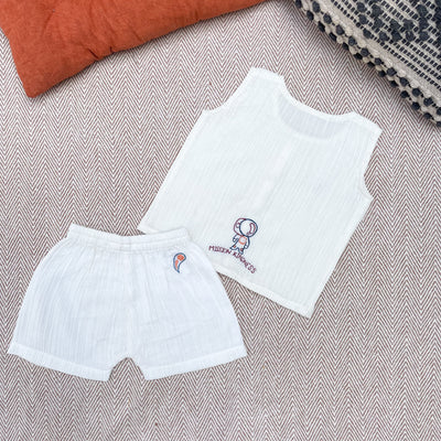 Muslin Jabla and Shorts Set for Kids | Embroidered | White