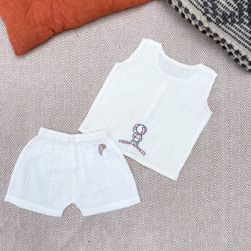 Muslin Jabla and Shorts Set for Kids | Embroidered | White