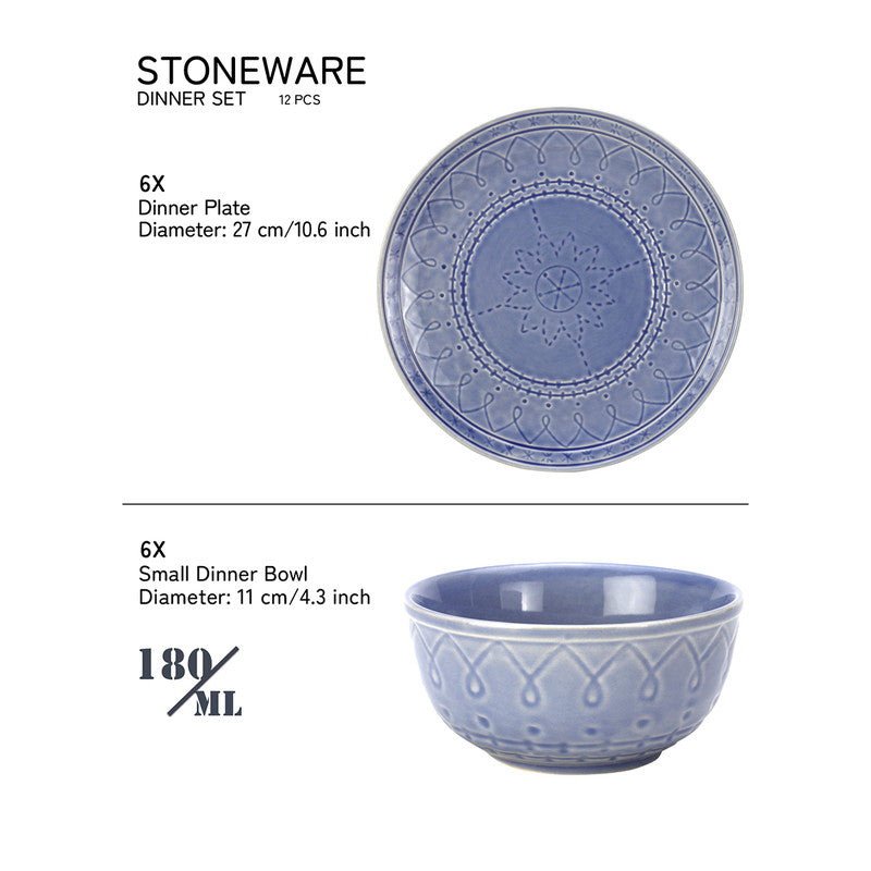 Stoneware Ceramic Dinner Set | 6 Dinner Plates & 6 Bowl Katori | Mist Blue | Set of 12