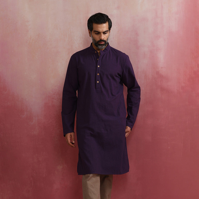 Cotton Long Kurta for Men | Purple | Mandarin Collar