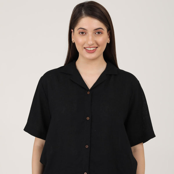 Linen Black Co Ord Set | Shirt & Shorts for Women