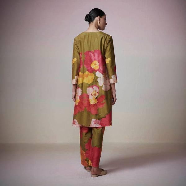 Chanderi Kurta Set for Women | Floral Print | Olive Green