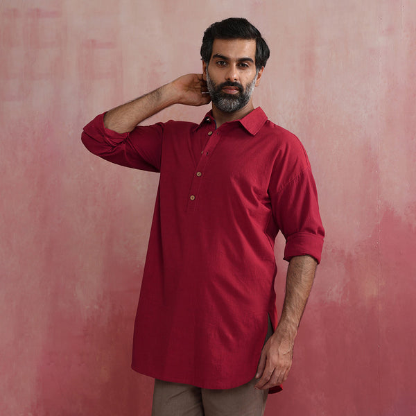 Cotton Short Kurta for Men | Maroon | Shirt Collar