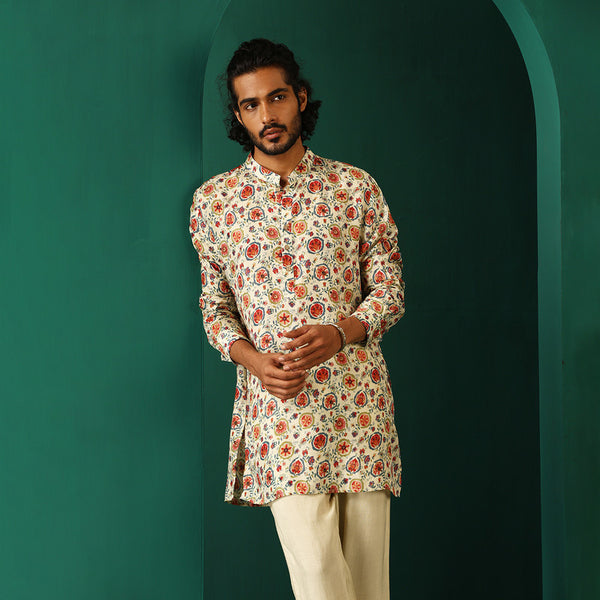 Muslin Silk Printed Kurta Set for Men | Floral | Off-White