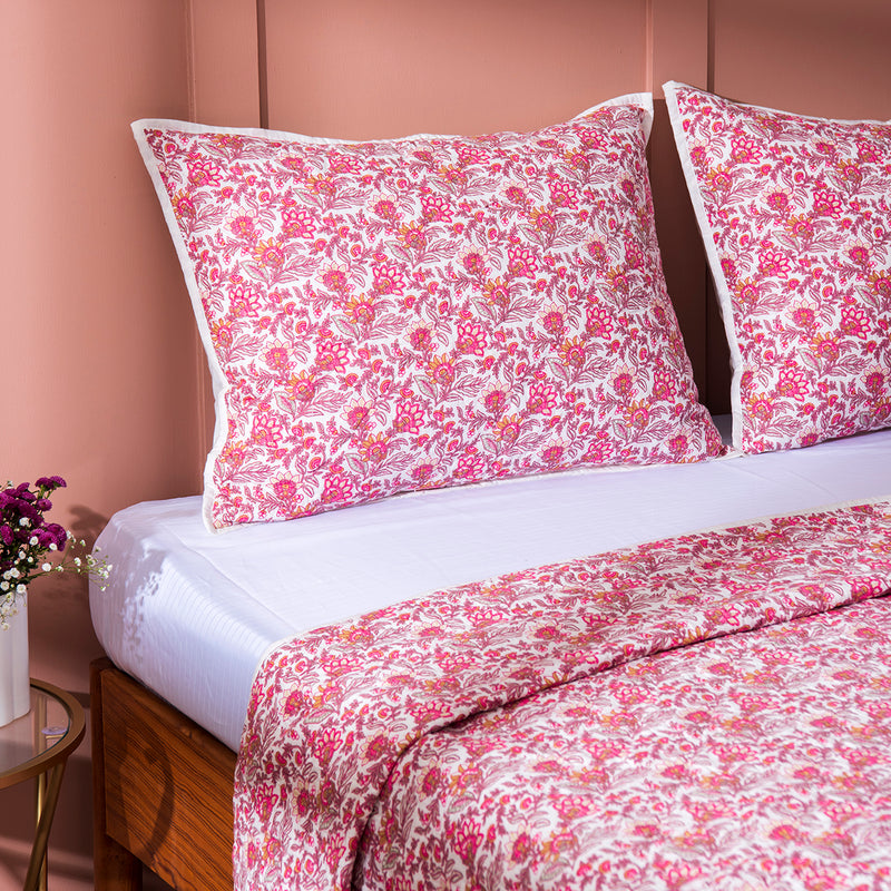 Cotton Quilt with Pillow Shams | Floral Print | Pink