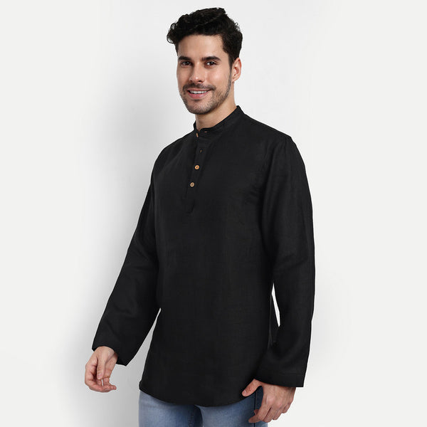 Black Linen Short Kurta for Men | Full Sleeves