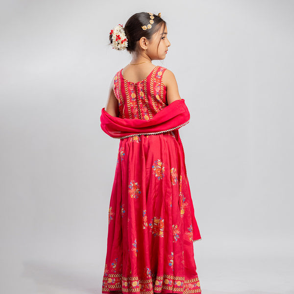 Cotton Lehenga Set | Floral Printed on Blouse | Red